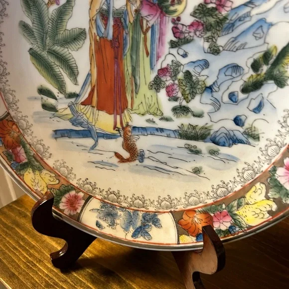 Hand painted large geisha and koi pond charger, Asian decor